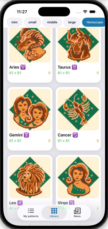 The “Horoscope” section from the embroidery pattern library